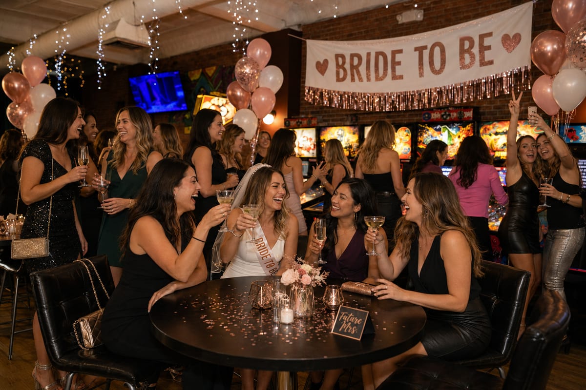 A bachelorette party celebrating at 1UP Arcade Bar