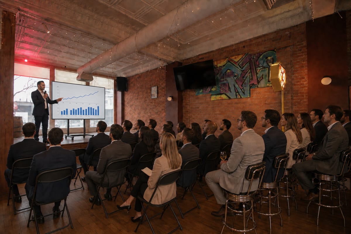 A corporate event with a seated audience at 1UP Arcade Bar