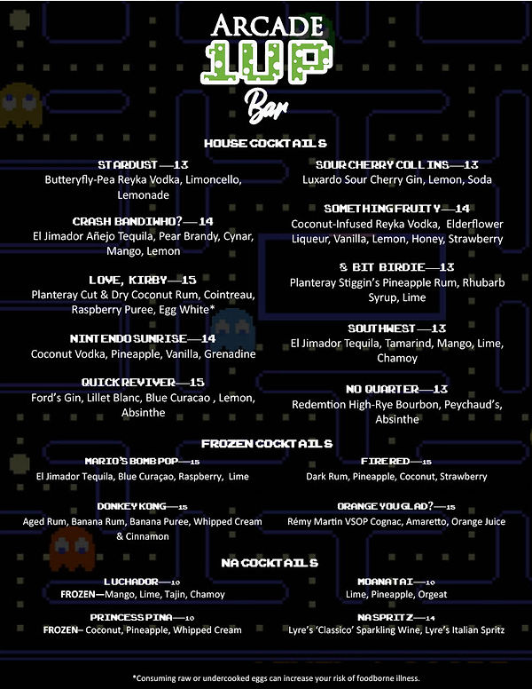 1UP Arcade Bar cocktail menu — house, frozen and N/A cocktails