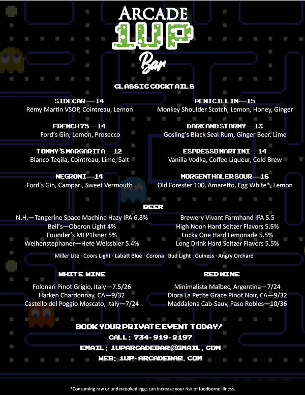 1UP Arcade Bar cocktail menu — classic cocktails, beer and wine